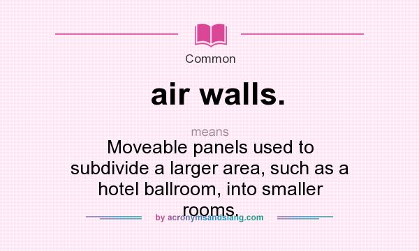 What does air walls. mean? It stands for Moveable panels used to subdivide a larger area, such as a hotel ballroom, into smaller rooms.