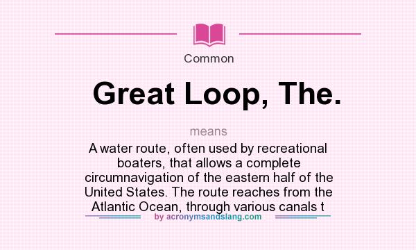 What does Great Loop, The. mean? It stands for A water route, often used by recreational boaters, that allows a complete circumnavigation of the eastern half of the United States. The route reaches from the Atlantic Ocean, through various canals t