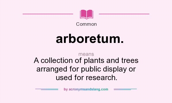 What does arboretum. mean? It stands for A collection of plants and trees arranged for public display or used for research.