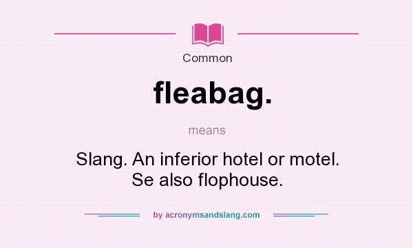 What does fleabag. mean? It stands for Slang. An inferior hotel or motel. Se also flophouse.