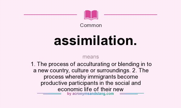 What does assimilation. mean? It stands for 1. The process of acculturating or blending in to a new country, culture or surroundings. 2. The process whereby immigrants become productive participants in the social and economic life of their new