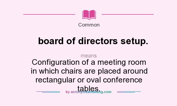 What does board of directors setup. mean? It stands for Configuration of a meeting room in which chairs are placed around rectangular or oval conference tables.