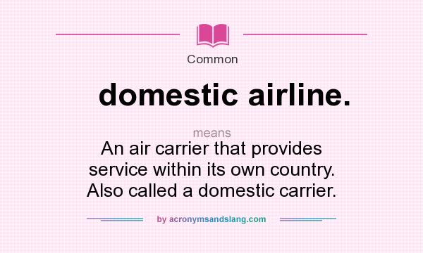 What does domestic airline. mean? It stands for An air carrier that provides service within its own country. Also called a domestic carrier.