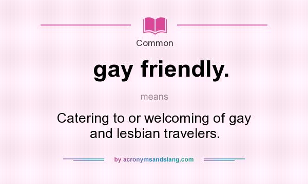 What does gay friendly. mean? It stands for Catering to or welcoming of gay and lesbian travelers.