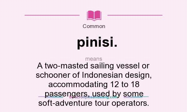 What does pinisi. mean? It stands for A two-masted sailing vessel or schooner of Indonesian design, accommodating 12 to 18 passengers, used by some soft-adventure tour operators.