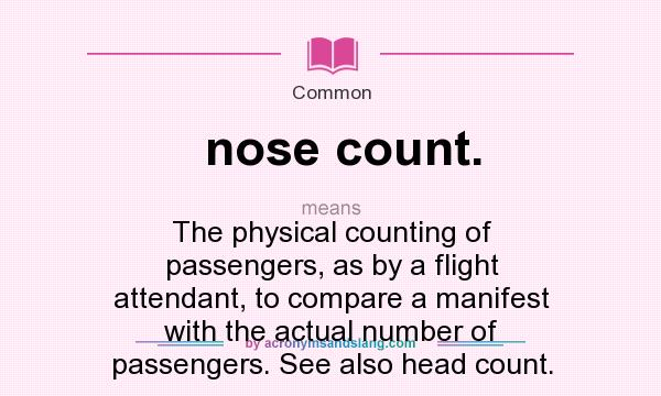 What does nose count. mean? It stands for The physical counting of passengers, as by a flight attendant, to compare a manifest with the actual number of passengers. See also head count.