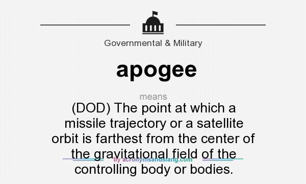 What does apogee mean? It stands for (DOD) The point at which a missile trajectory or a satellite orbit is farthest from the center of the gravitational field of the controlling body or bodies.