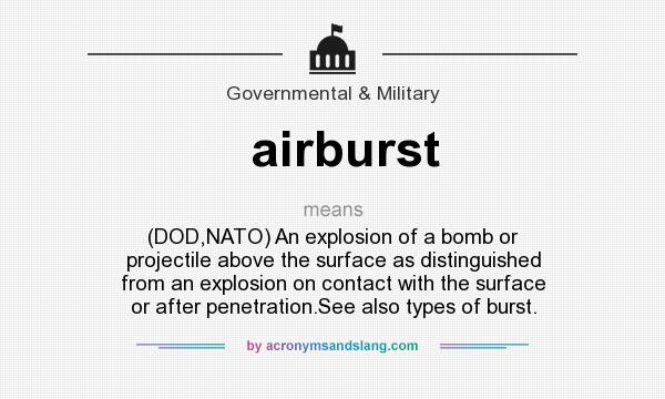 What does airburst mean? It stands for (DOD,NATO) An explosion of a bomb or projectile above the surface as distinguished from an explosion on contact with the surface or after penetration.See also types of burst.