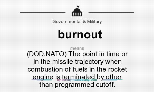 What does burnout mean? It stands for (DOD,NATO) The point in time or in the missile trajectory when combustion of fuels in the rocket engine is terminated by other than programmed cutoff.