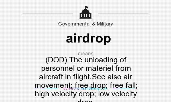What does airdrop mean? It stands for (DOD) The unloading of personnel or materiel from aircraft in flight.See also air movement; free drop; free fall; high velocity drop; low velocity drop.