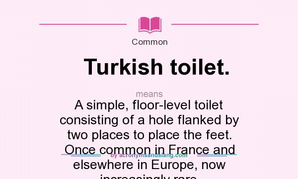 What does Turkish toilet. mean? It stands for A simple, floor-level toilet consisting of a hole flanked by two places to place the feet. Once common in France and elsewhere in Europe, now increasingly rare.