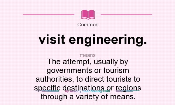 What does visit engineering. mean? It stands for The attempt, usually by governments or tourism authorities, to direct tourists to specific destinations or regions through a variety of means.