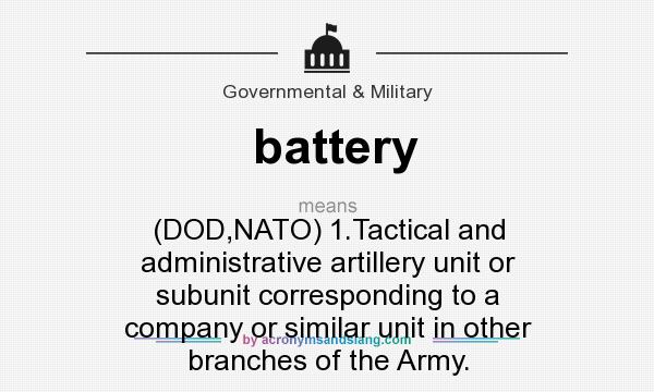 What does battery mean? It stands for (DOD,NATO) 1.Tactical and administrative artillery unit or subunit corresponding to a company or similar unit in other branches of the Army.