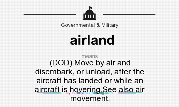 What does airland mean? It stands for (DOD) Move by air and disembark, or unload, after the aircraft has landed or while an aircraft is hovering.See also air movement.