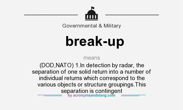 What does break-up mean? It stands for (DOD,NATO) 1.In detection by radar, the separation of one solid return into a number of individual returns which correspond to the various objects or structure groupings.This separation is contingent
