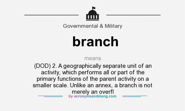 What does branch mean? It stands for (DOD) 2. A geographically separate unit of an activity, which performs all or part of the primary functions of the parent activity on a smaller scale. Unlike an annex, a branch is not merely an overfl