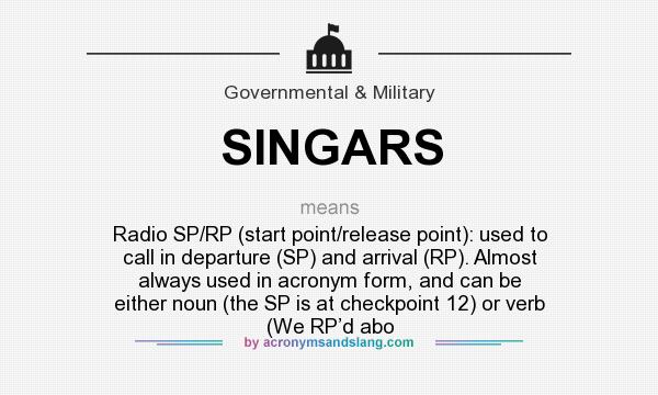 What does SINGARS mean? It stands for Radio SP/RP (start point/release point): used to call in departure (SP) and arrival (RP). Almost always used in acronym form, and can be either noun (the SP is at checkpoint 12) or verb (We RP’d abo