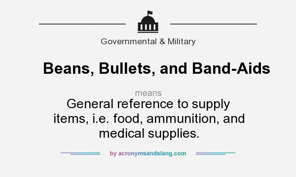 What does Beans, Bullets, and Band-Aids mean? It stands for General reference to supply items, i.e. food, ammunition, and medical supplies.