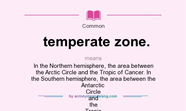 What does temperate zone. mean? It stands for In the Northern hemisphere, the area between the Arctic Circle and the Tropic of Cancer. In the Southern hemisphere, the area between the Antarctic Circle and the Tropic of Capricorn.