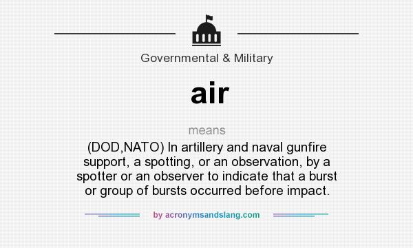 What does air mean? It stands for (DOD,NATO) In artillery and naval gunfire support, a spotting, or an observation, by a spotter or an observer to indicate that a burst or group of bursts occurred before impact.