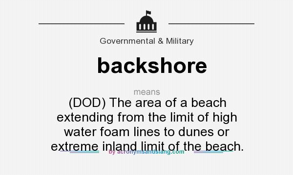 What does backshore mean? It stands for (DOD) The area of a beach extending from the limit of high water foam lines to dunes or extreme inland limit of the beach.