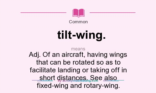 What does tilt-wing. mean? It stands for Adj. Of an aircraft, having wings that can be rotated so as to facilitate landing or taking off in short distances. See also fixed-wing and rotary-wing.