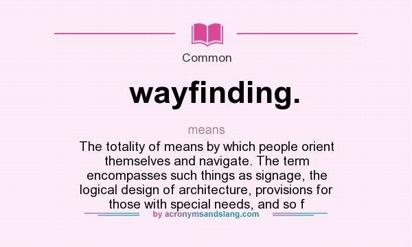 What does wayfinding. mean? It stands for The totality of means by which people orient themselves and navigate. The term encompasses such things as signage, the logical design of architecture, provisions for those with special needs, and so f