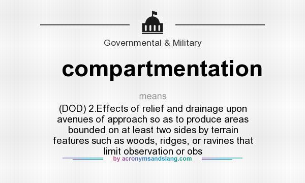 What does compartmentation mean? It stands for (DOD) 2.Effects of relief and drainage upon avenues of approach so as to produce areas bounded on at least two sides by terrain features such as woods, ridges, or ravines that limit observation or obs