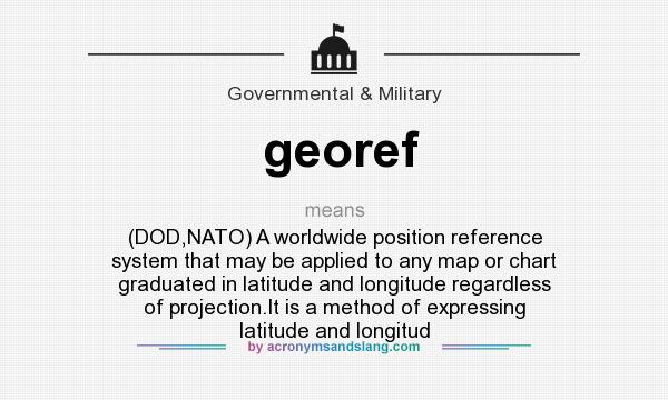 What does georef mean? It stands for (DOD,NATO) A worldwide position reference system that may be applied to any map or chart graduated in latitude and longitude regardless of projection.It is a method of expressing latitude and longitud