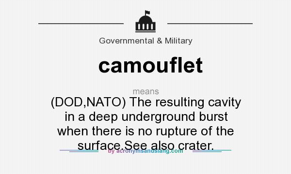 What does camouflet mean? It stands for (DOD,NATO) The resulting cavity in a deep underground burst when there is no rupture of the surface.See also crater.