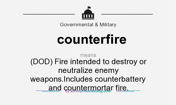 What does counterfire mean? It stands for (DOD) Fire intended to destroy or neutralize enemy weapons.Includes counterbattery and countermortar fire.