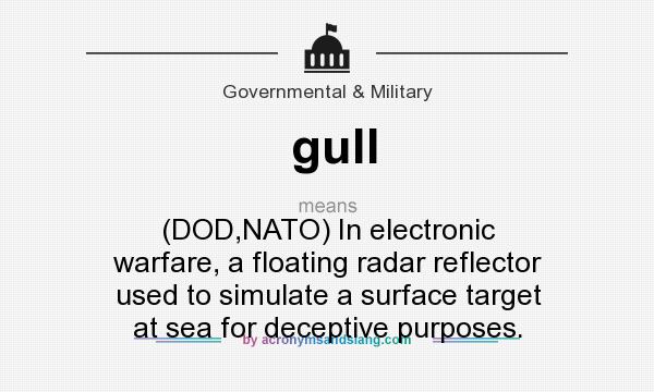 What does gull mean? It stands for (DOD,NATO) In electronic warfare, a floating radar reflector used to simulate a surface target at sea for deceptive purposes.