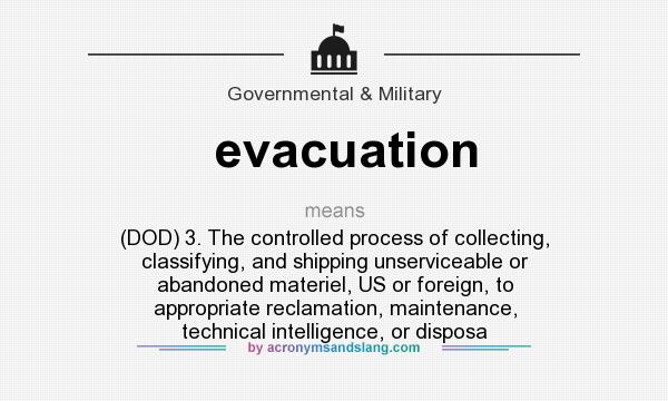 What does evacuation mean? It stands for (DOD) 3. The controlled process of collecting, classifying, and shipping unserviceable or abandoned materiel, US or foreign, to appropriate reclamation, maintenance, technical intelligence, or disposa