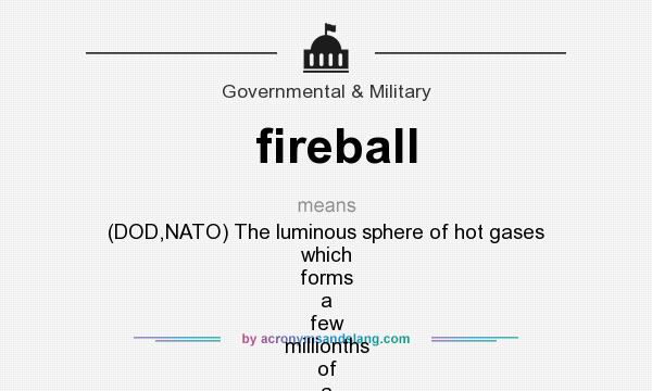 What does fireball mean? It stands for (DOD,NATO) The luminous sphere of hot gases which forms a few millionths of a second after detonation of a nuclear weapon and immediately starts expanding and cooling.