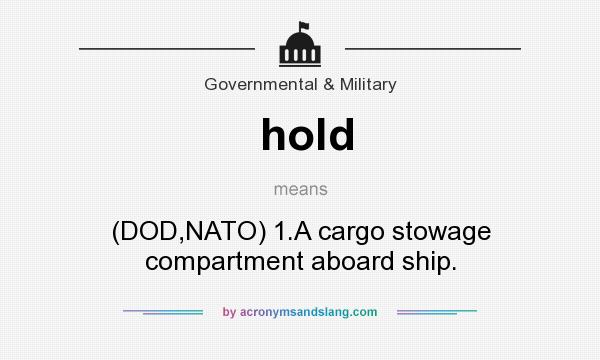 What does hold mean? It stands for (DOD,NATO) 1.A cargo stowage compartment aboard ship.