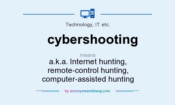 What does cybershooting mean? It stands for a.k.a. Internet hunting, remote-control hunting, computer-assisted hunting