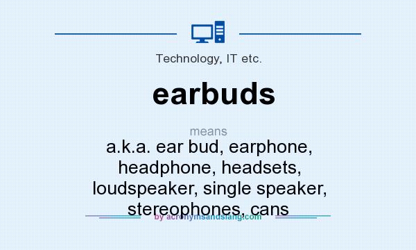 What does earbuds mean? It stands for a.k.a. ear bud, earphone, headphone, headsets, loudspeaker, single speaker, stereophones, cans