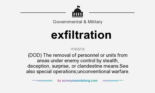 What does exfiltration mean? It stands for (DOD) The removal of personnel or units from areas under enemy control by stealth, deception, surprise, or clandestine means.See also special operations;unconventional warfare.