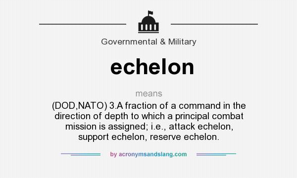 What does echelon mean? It stands for (DOD,NATO) 3.A fraction of a command in the direction of depth to which a principal combat mission is assigned; i.e., attack echelon, support echelon, reserve echelon.