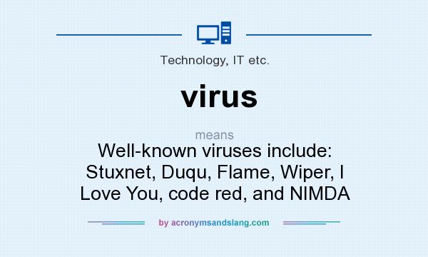 What does virus mean? It stands for Well-known viruses include: Stuxnet, Duqu, Flame, Wiper, I Love You, code red, and NIMDA