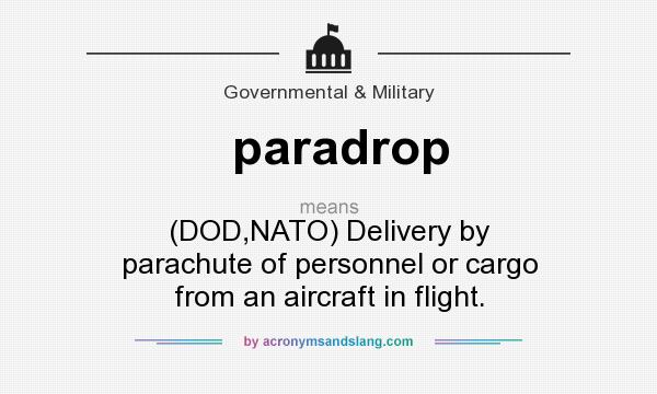 What does paradrop mean? It stands for (DOD,NATO) Delivery by parachute of personnel or cargo from an aircraft in flight.