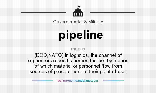 What does pipeline mean? It stands for (DOD,NATO) In logistics, the channel of support or a specific portion thereof by means of which materiel or personnel flow from sources of procurement to their point of use.