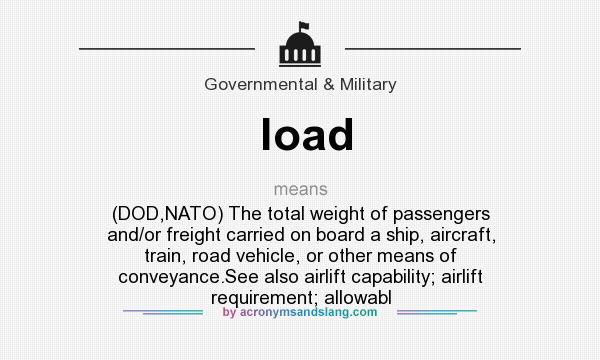 What does load mean? It stands for (DOD,NATO) The total weight of passengers and/or freight carried on board a ship, aircraft, train, road vehicle, or other means of conveyance.See also airlift capability; airlift requirement; allowabl