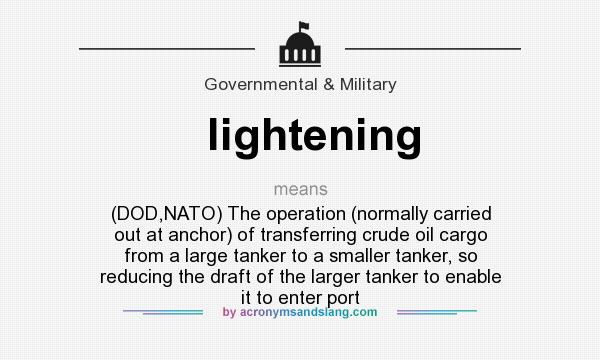 What does lightening mean? It stands for (DOD,NATO) The operation (normally carried out at anchor) of transferring crude oil cargo from a large tanker to a smaller tanker, so reducing the draft of the larger tanker to enable it to enter port