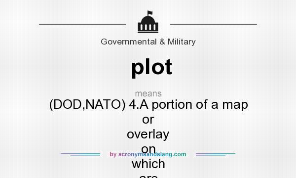 What does plot mean? It stands for (DOD,NATO) 4.A portion of a map or overlay on which are drawn the outlines of the areas covered by one or more photographs.See also master plot.