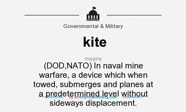 What does kite mean? It stands for (DOD,NATO) In naval mine warfare, a device which when towed, submerges and planes at a predetermined level without sideways displacement.