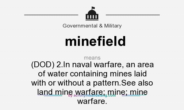 What does minefield mean? It stands for (DOD) 2.In naval warfare, an area of water containing mines laid with or without a pattern.See also land mine warfare; mine; mine warfare.