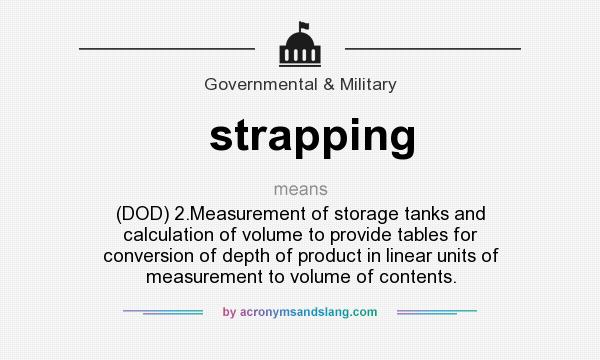 What does strapping mean? It stands for (DOD) 2.Measurement of storage tanks and calculation of volume to provide tables for conversion of depth of product in linear units of measurement to volume of contents.
