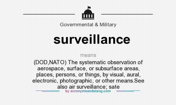 What does surveillance mean? It stands for (DOD,NATO) The systematic observation of aerospace, surface, or subsurface areas, places, persons, or things, by visual, aural, electronic, photographic, or other means.See also air surveillance; sate