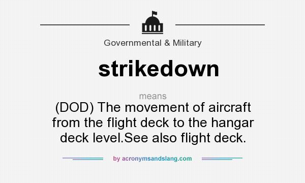 What does strikedown mean? It stands for (DOD) The movement of aircraft from the flight deck to the hangar deck level.See also flight deck.